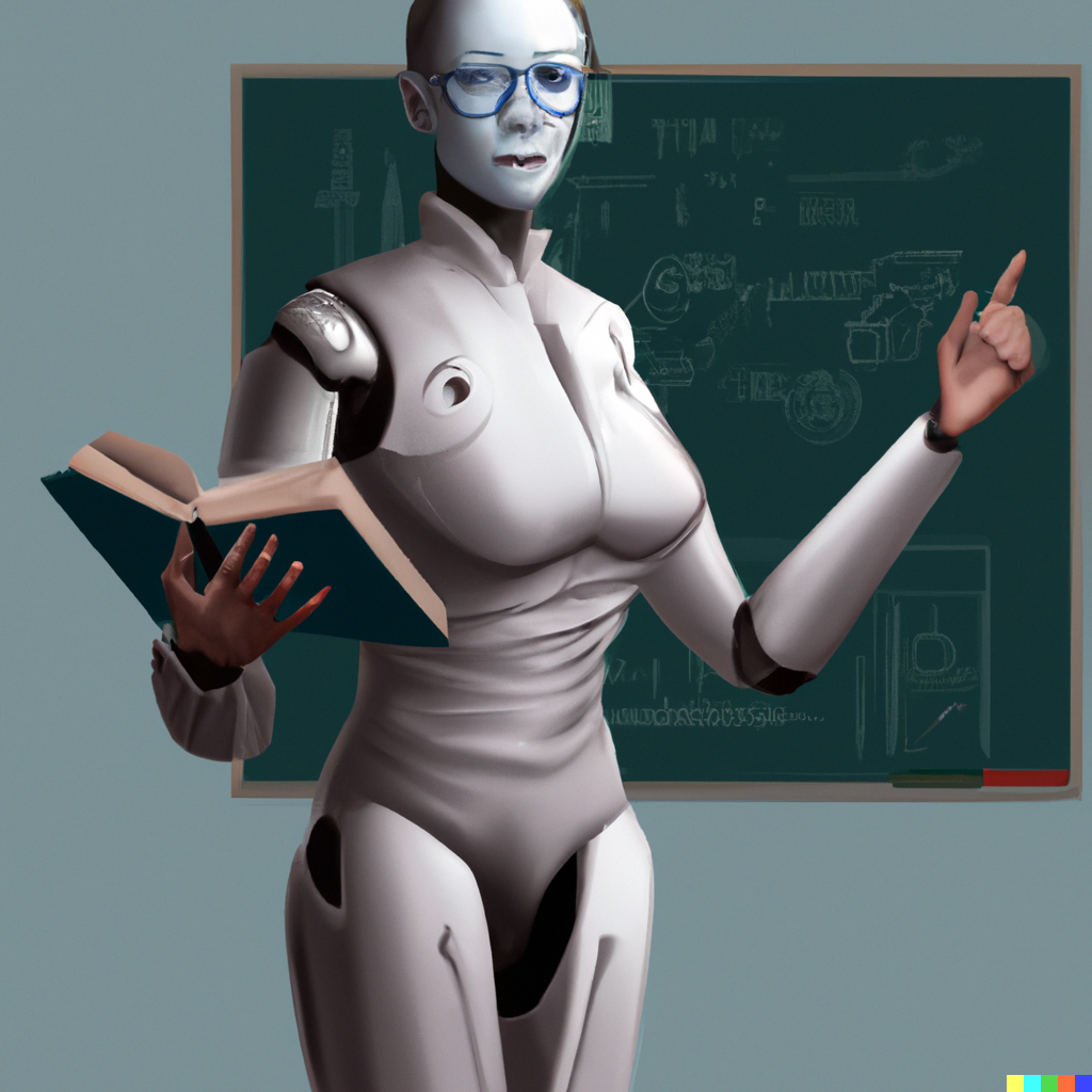 DALL·E 2023-03-12 11.51.46 - robot woman as teacher in the digital art