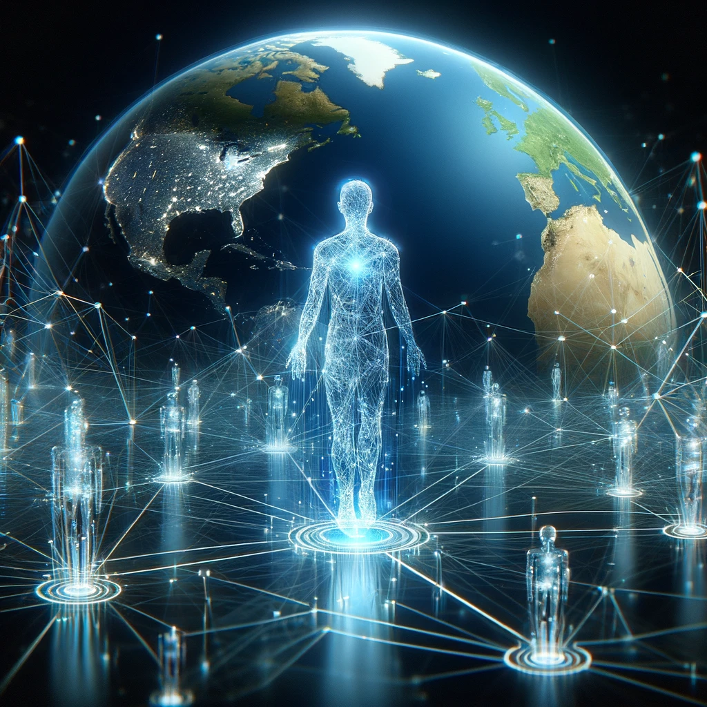 DALL·E 2023-12-14 23.49.21 - A conceptual artwork showing artificial intelligence as a transparent figure standing on several points of a global computer network, representing the