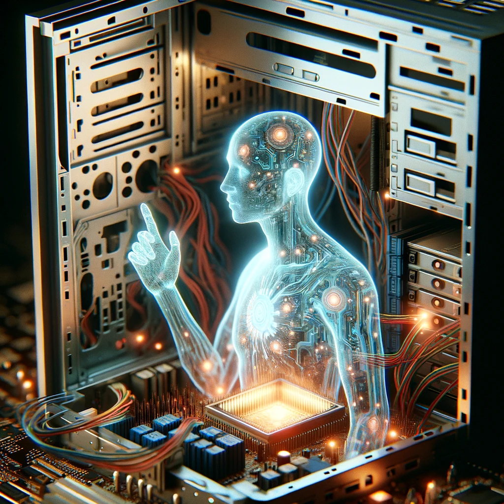 DALL·E 2023-12-14 23.50.24 - A conceptual image of artificial intelligence represented as a transparent figure within a computer. The figure should have a digital, holographic app