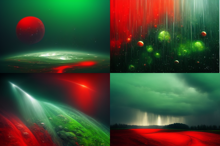 Barus red and green glowing rain in the space 865c2fb8-d833-441e-9c12-49591ab094d9