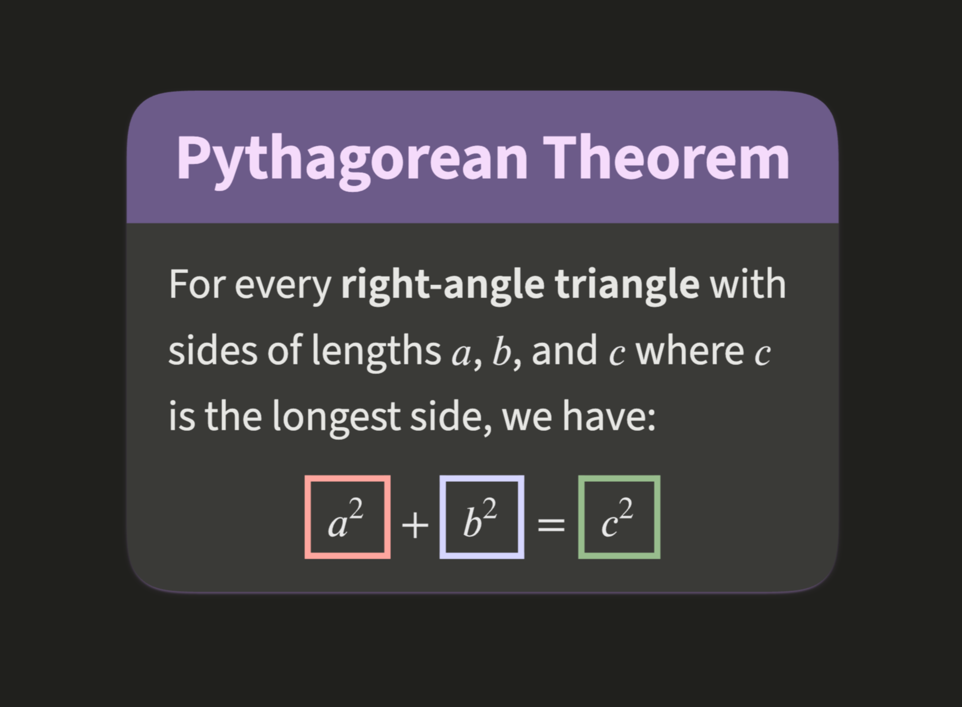 Pythagorean Theorem in dark mode, HTML version