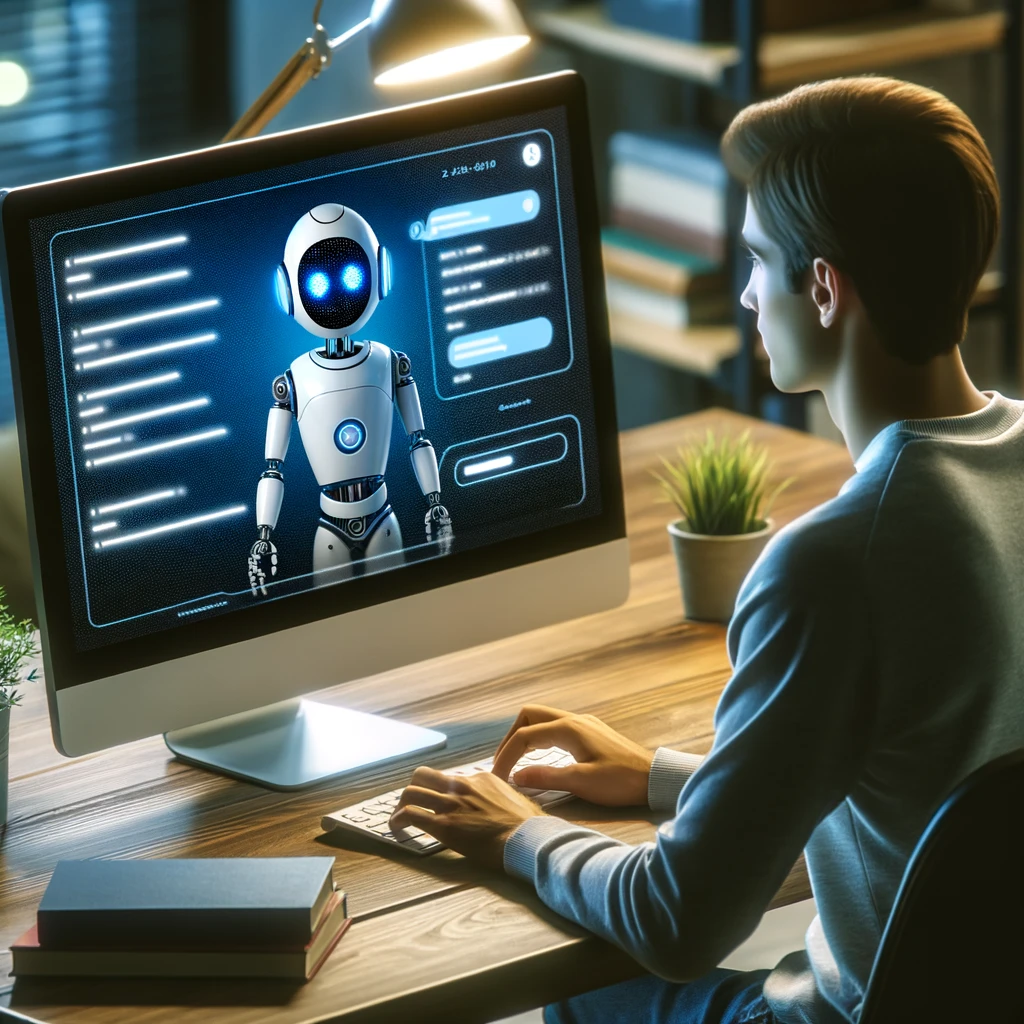 DALL·E 2023-12-14 23.18.49 - A human interacting with a chatbot on a computer screen. The scene shows a person of any gender, sitting at a desk, typing on a keyboard and looking a