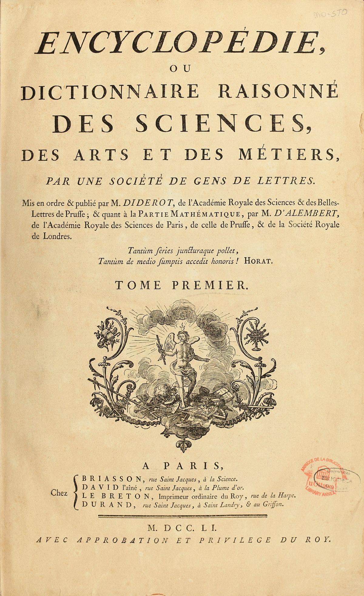 Encyclopedie de D'Alembert et Diderot - Premiere Page - ENC 1-NA5