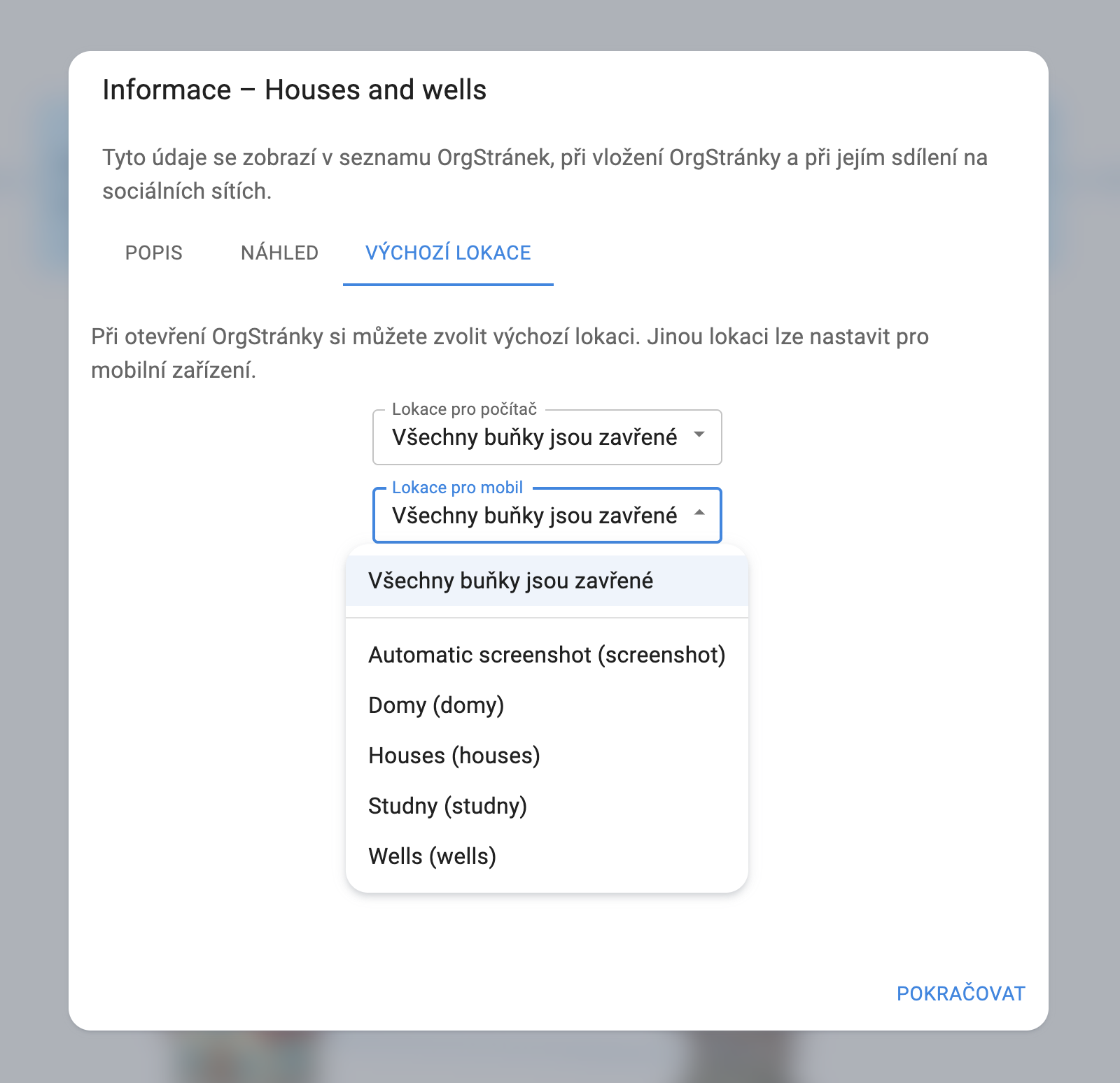 Záložka Výchozí lokace