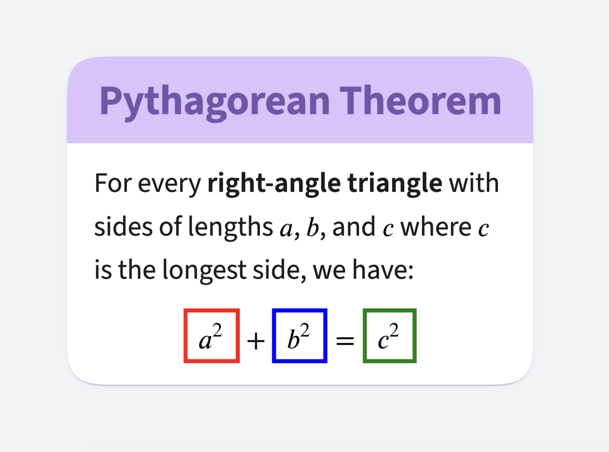 Pythagorean Theorem in light mode, HTML version
