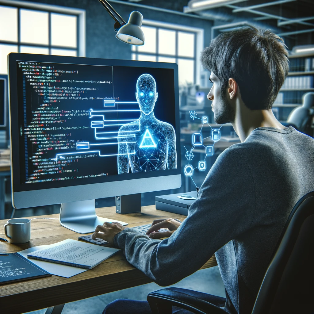 DALL·E 2023-12-14 23.22.49 - A programmer at a computer workstation, deeply engaged in coding a program to interact with an AI through an API. The scene shows a person of indeterm
