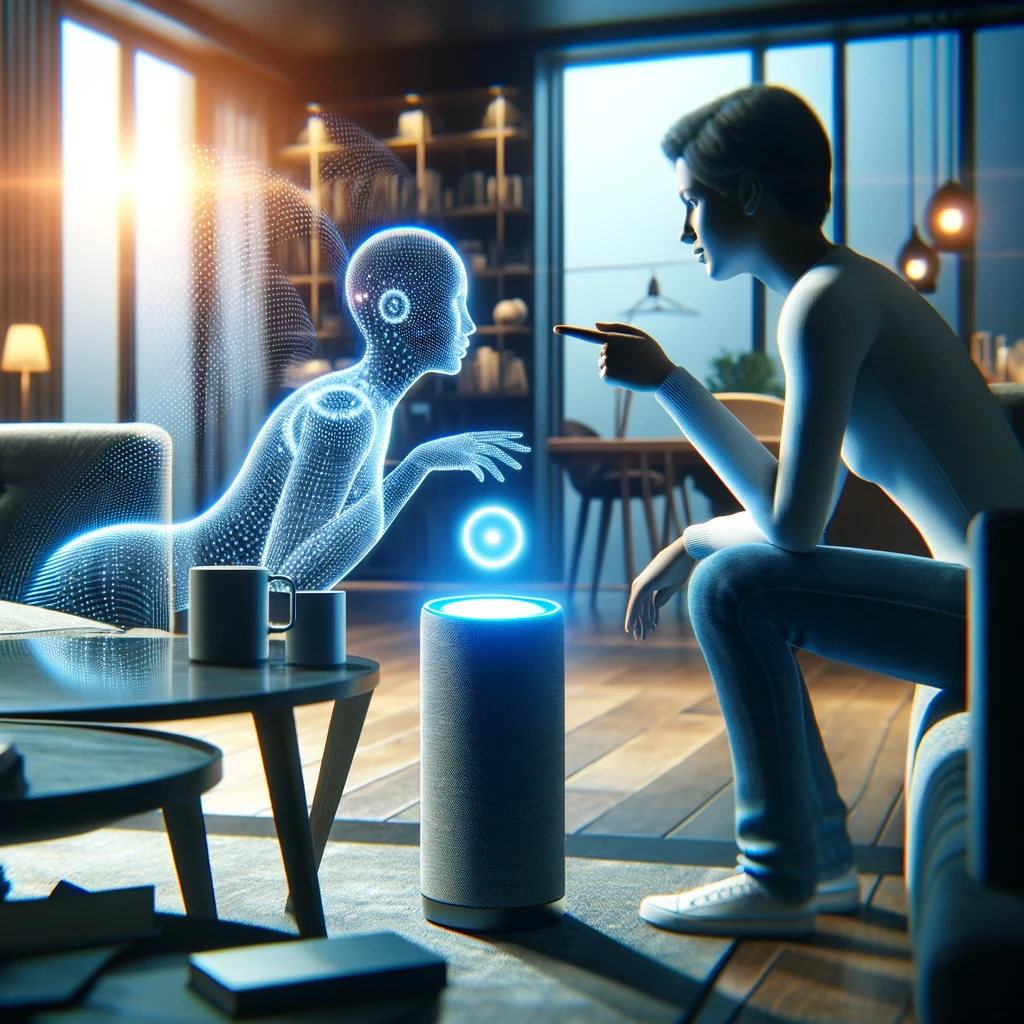 DALL·E 2023-12-14 23.20.56 - A person interacting with a voice AI assistant. The scene shows a human of indeterminate gender and descent speaking into a smart speaker device, whic