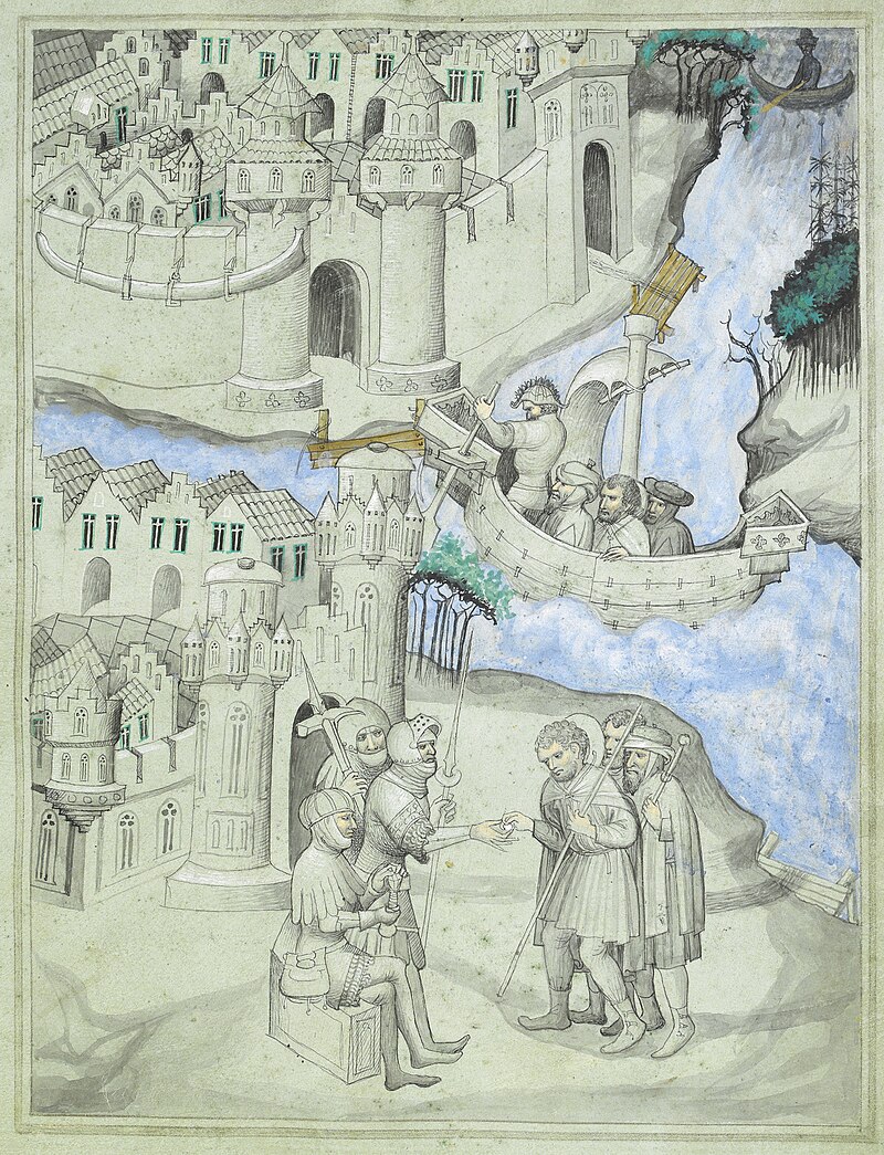 Travellers at Jaffa and Tyre - Picture book of Sir John Mandeville's Travels (c.1410), f.8 - BL Add MS 24189