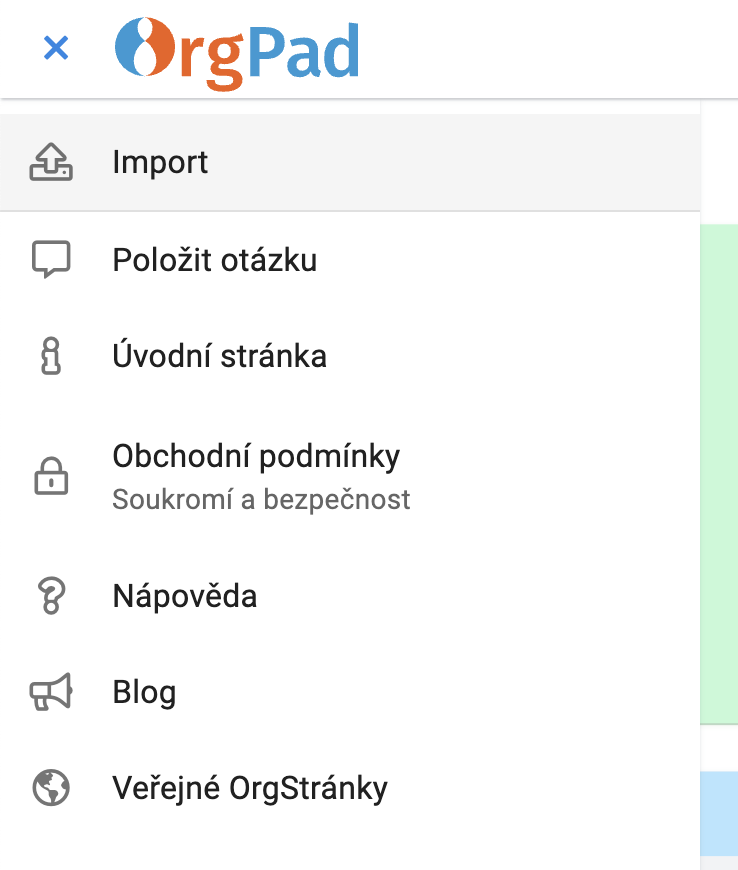 Import v postranním menu
