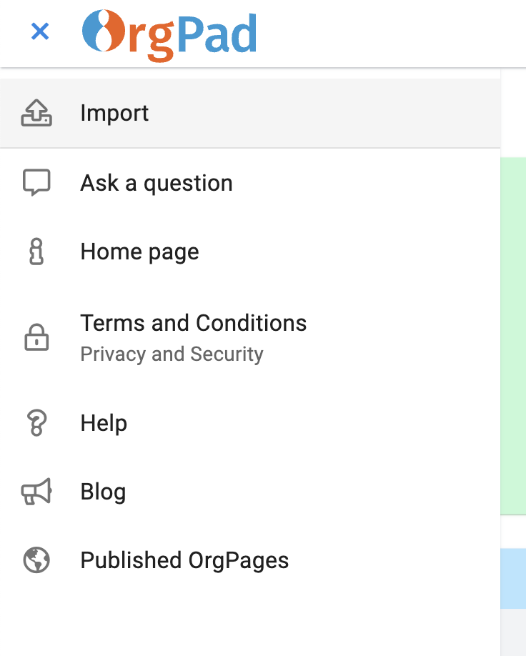 Import in the side menu