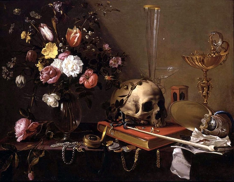 Adriaen van Utrecht- Vanitas - Still Life with Bouquet and Skull